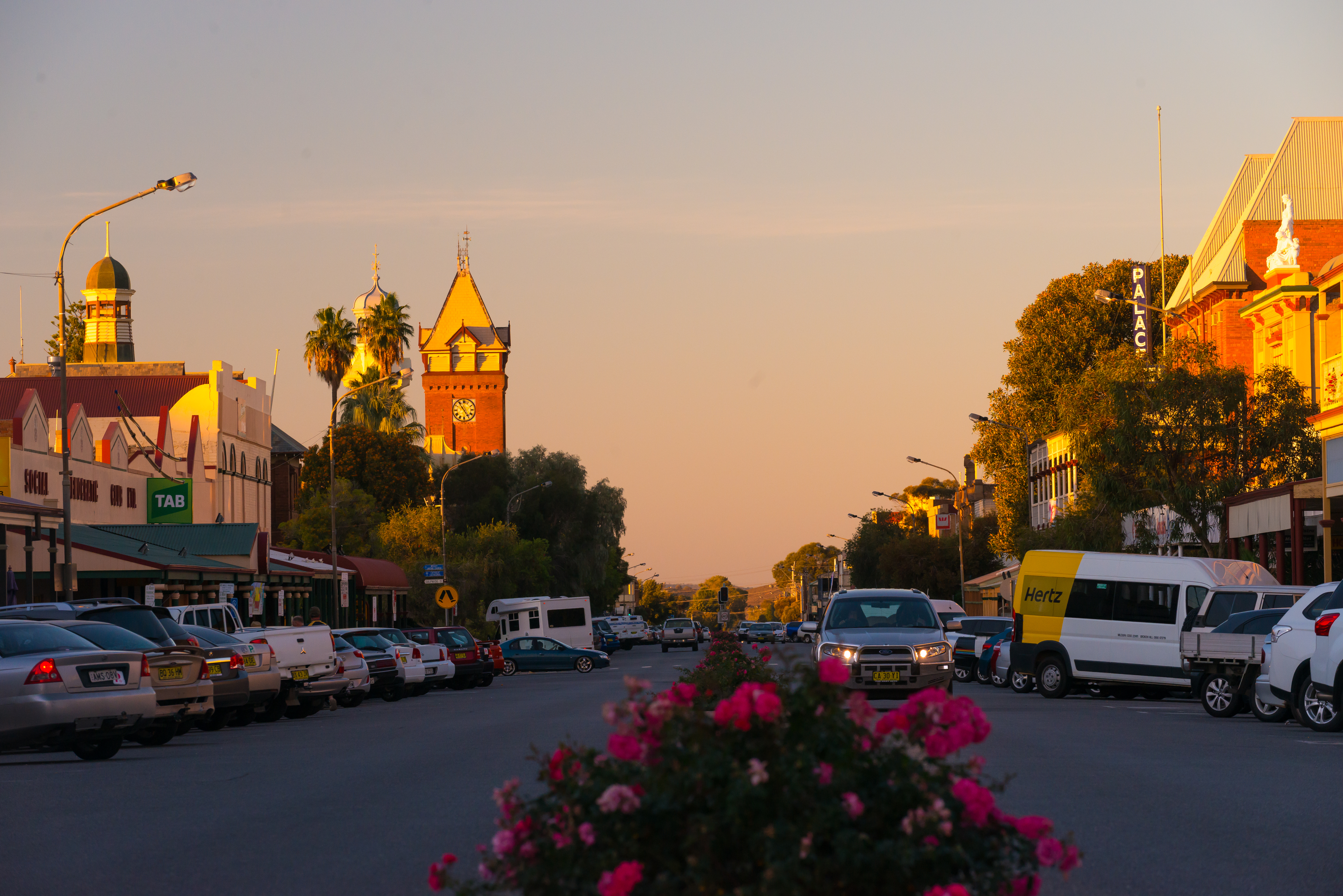 Argent Street at sunset with heritage clock tower
